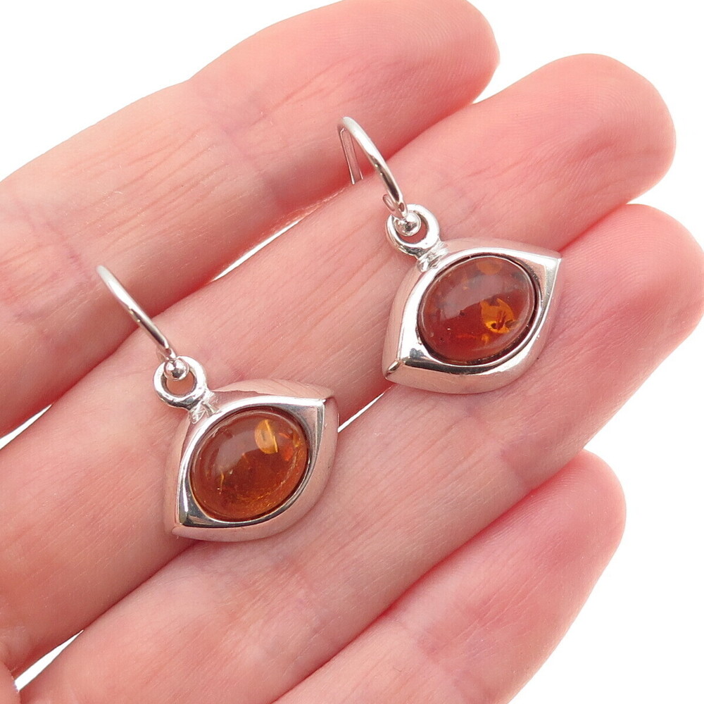 925 Sterling Silver Vintage Real Amber Modernist Evil's Eye Dangle Earrings